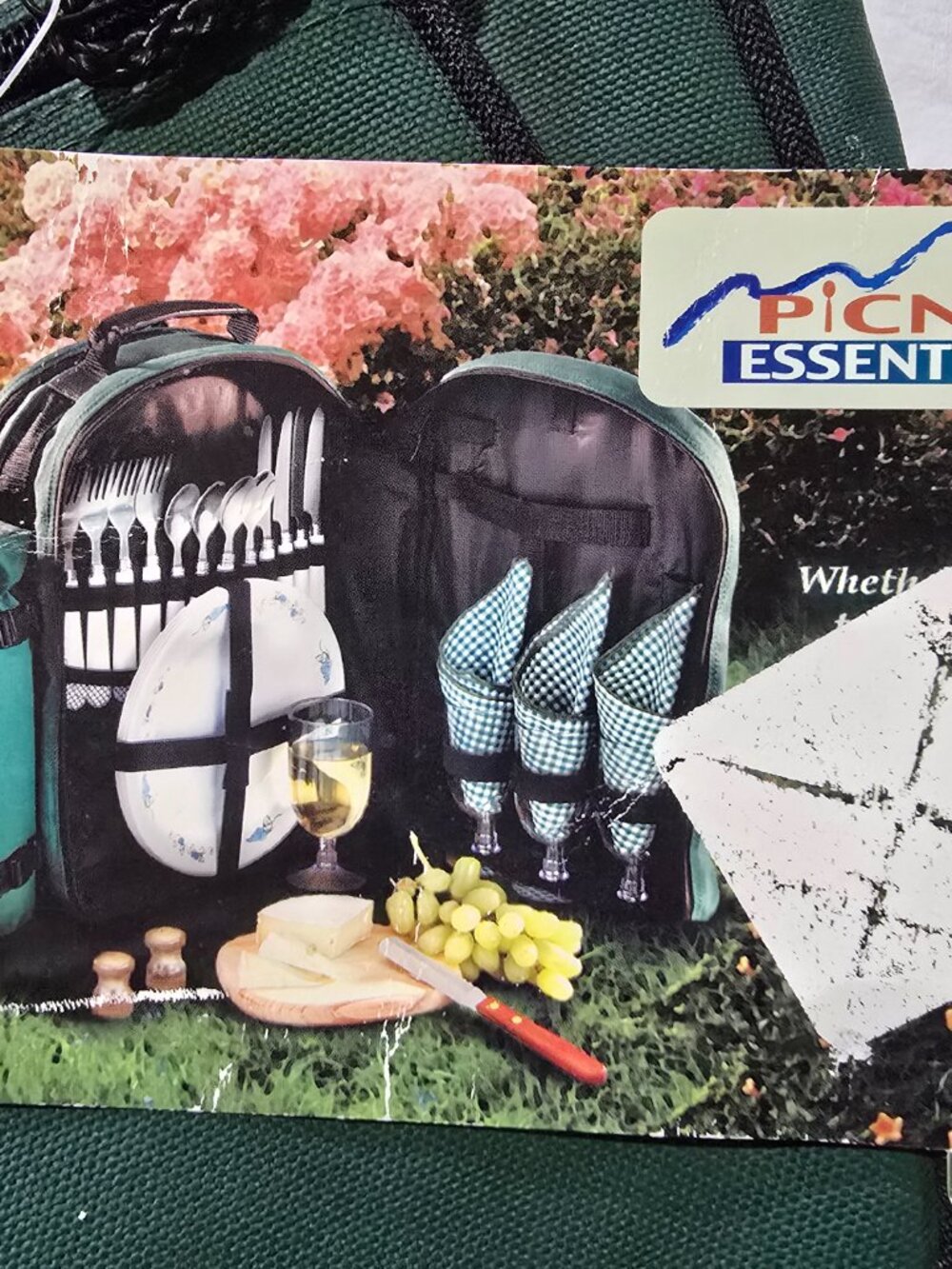 Picnic Essentials Green 4 Person Backpack Picnic Set Plates Glasses Cutlery NEW